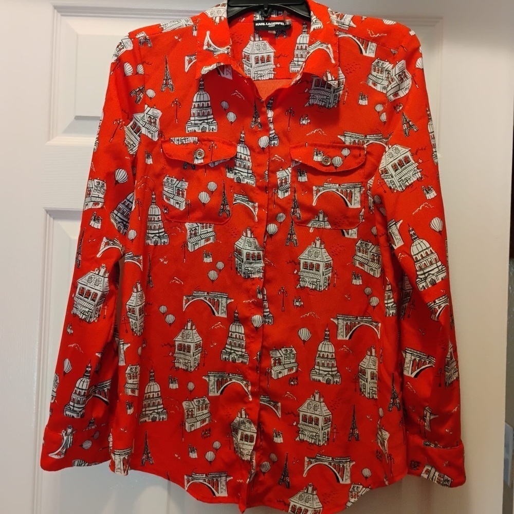 Karl Lagerfeld Paris Vibrant Red Architectural Print Long Sleeve Blouse Size M